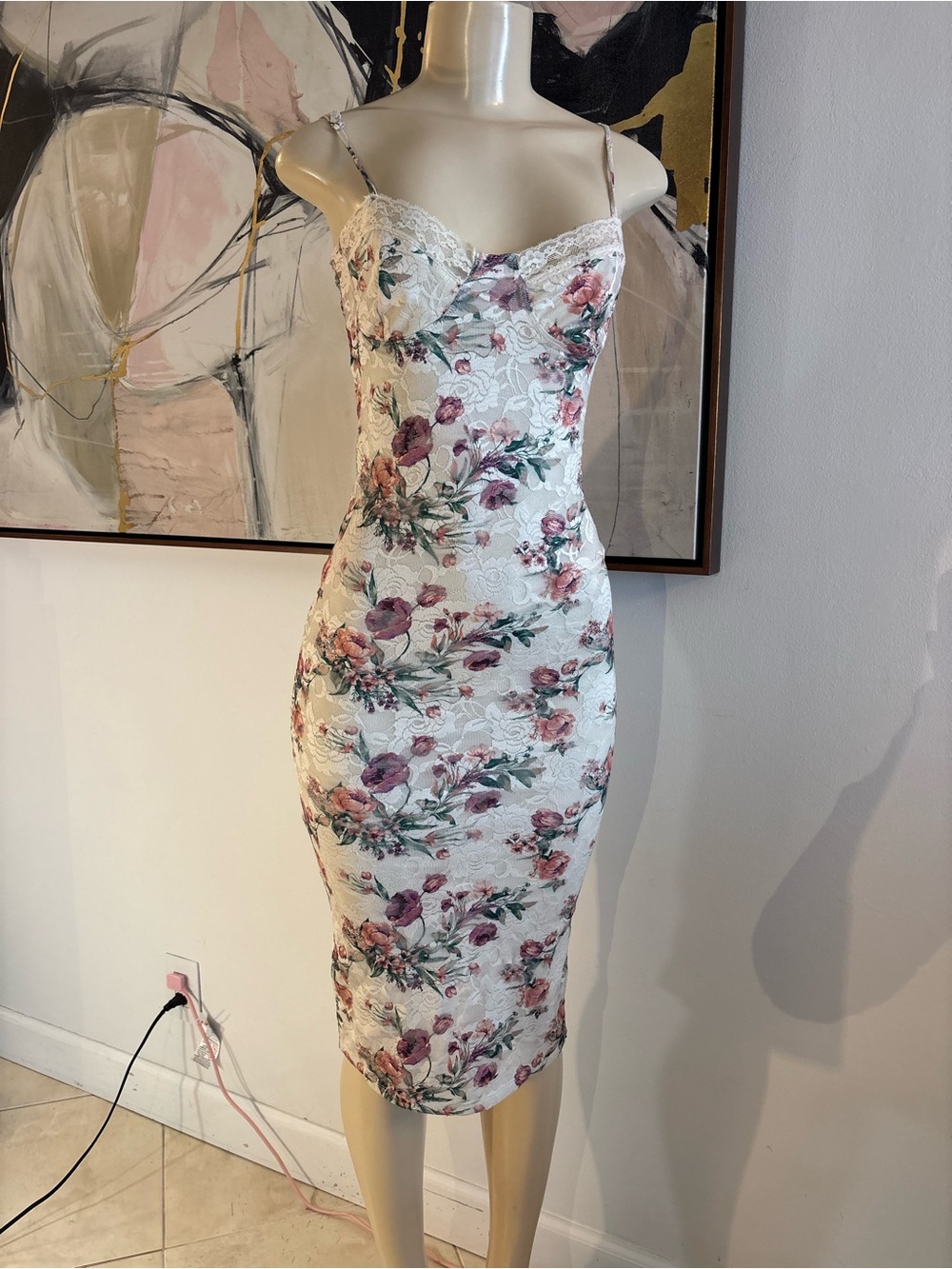Forever 21 White Lace Midi Dress with Pink Floral Print
